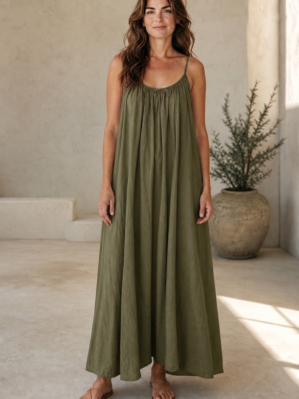 Flowy Olive Maxi Patio Dress with Spaghetti Straps